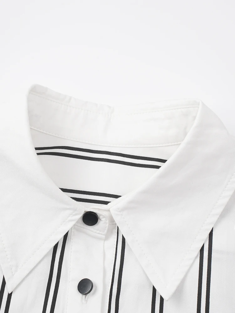 [EAM] Women White Striped Belted Big Size Elegant Blouse New Lapel Long Sleeve Shirt Fashion Tide Spring Autumn 2024 CPDB253