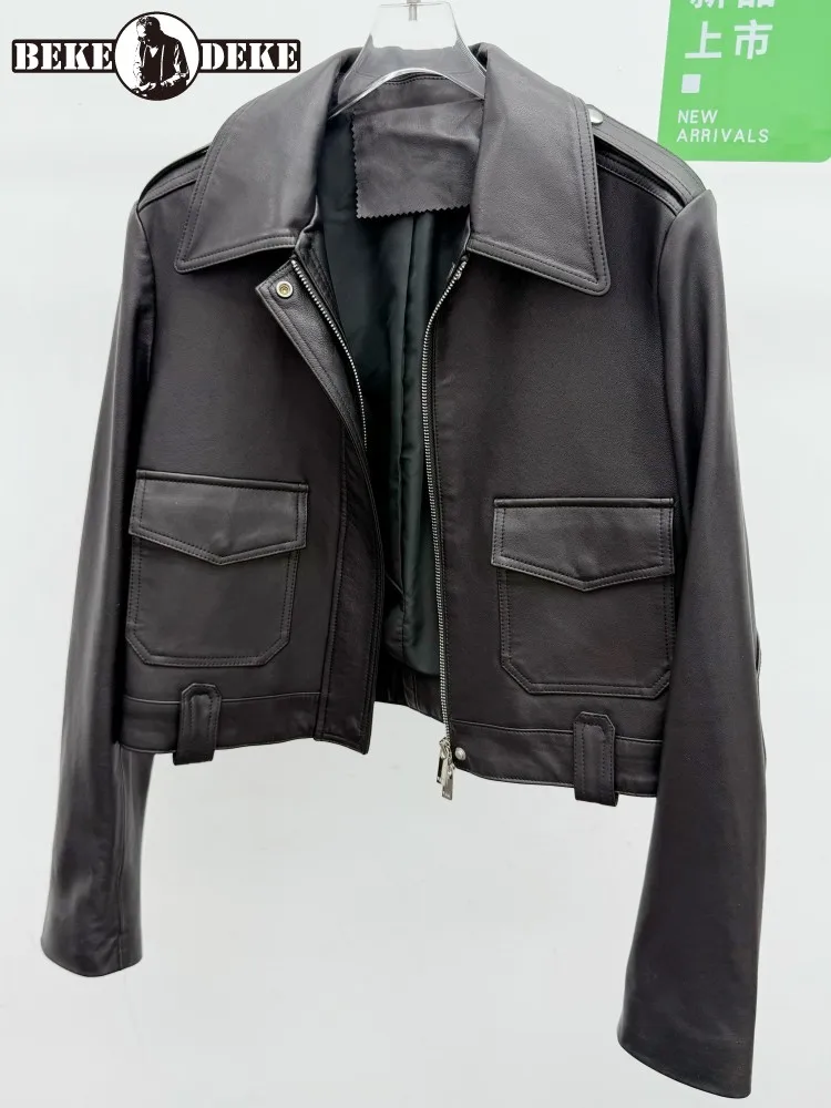 Ladies Leisure Slim Zipper Short Genuine Leather Jackets Solid Color Turn Down Collar Long Sleeves Pockets Sheepskin Outwear
