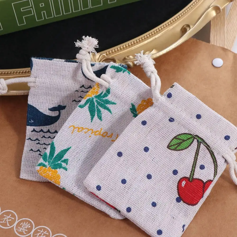 Dustproof Mini Drawstring Linen Pouch Flower Cartoon Packaging Coin Purse Cherry Whale Jewelry Storage Bag Gift Bag
