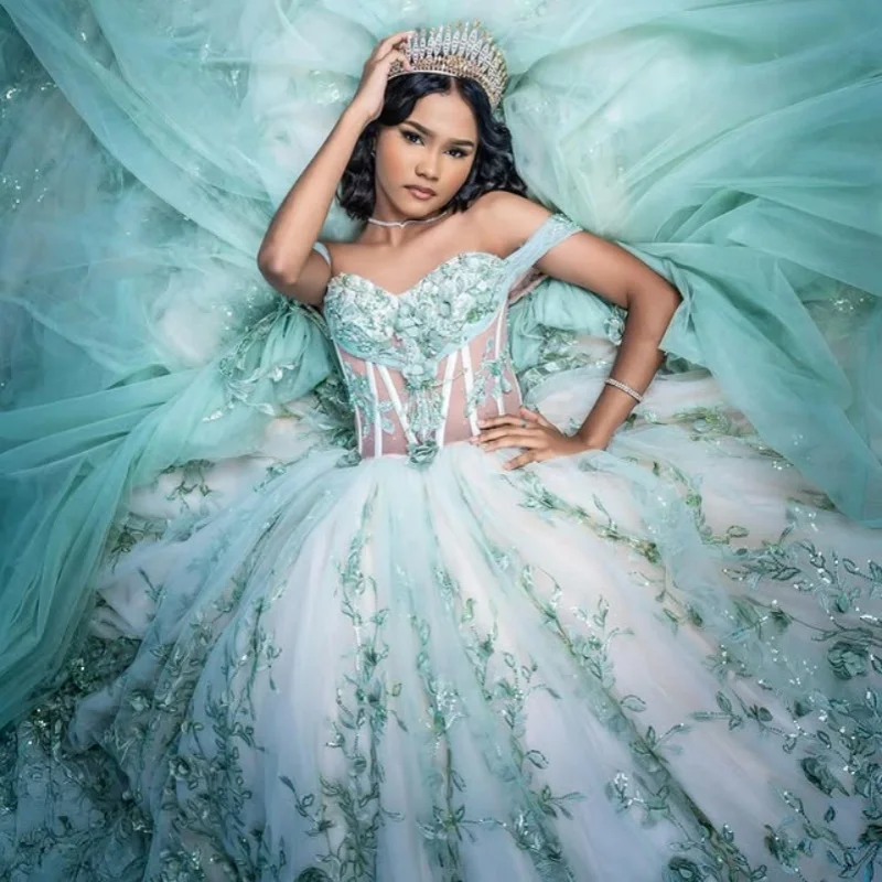 

Customized mint green Quinceanera Dresses Off the Shoulder glitter applique Long tail 3D flower Lace Tull Vestido 15 Quinceanera