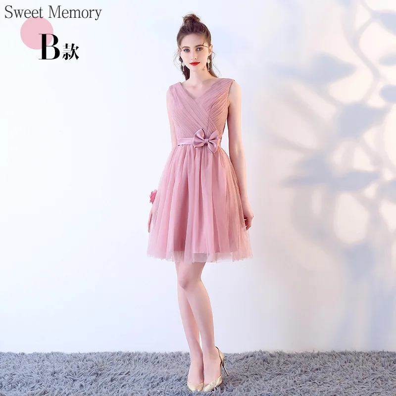 Vestido de dama de honra curto rosa, Doce Memória, Joelho Tulle Net, Vestido de Graduação, Noiva, Irmãs, Vestidos de Casamento, 6 Estilos, F79