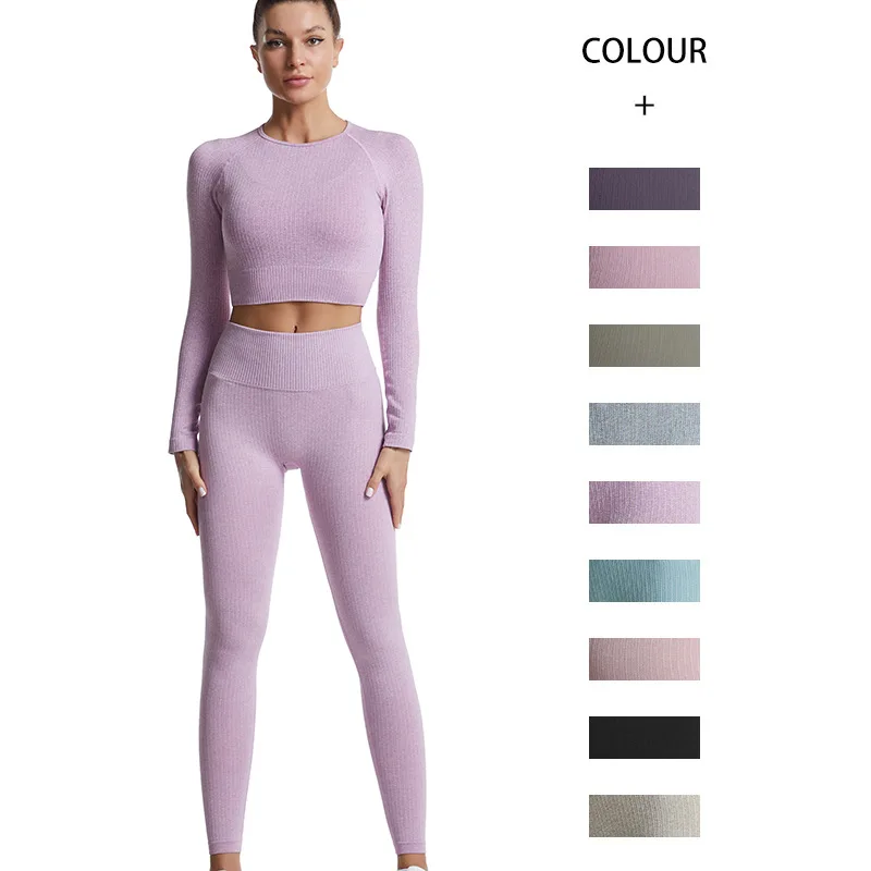 

Seamless Thread Yoga Sets Sports Fitness High Waist Hip Raise Pants Long-sleeved Suit Workout Clothes Gym Leggings Set for Women