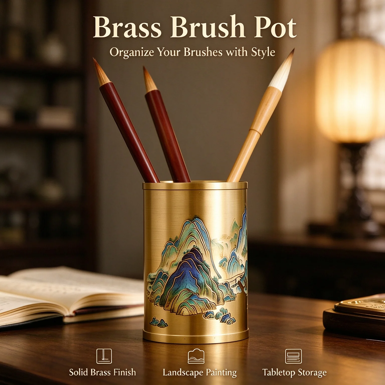 Qianli Jiangshan Copper Hot Stamping Pen Holder Chinese Style Brush Storage Tube Desktop Decor For Calligraphy Tea Space Gift