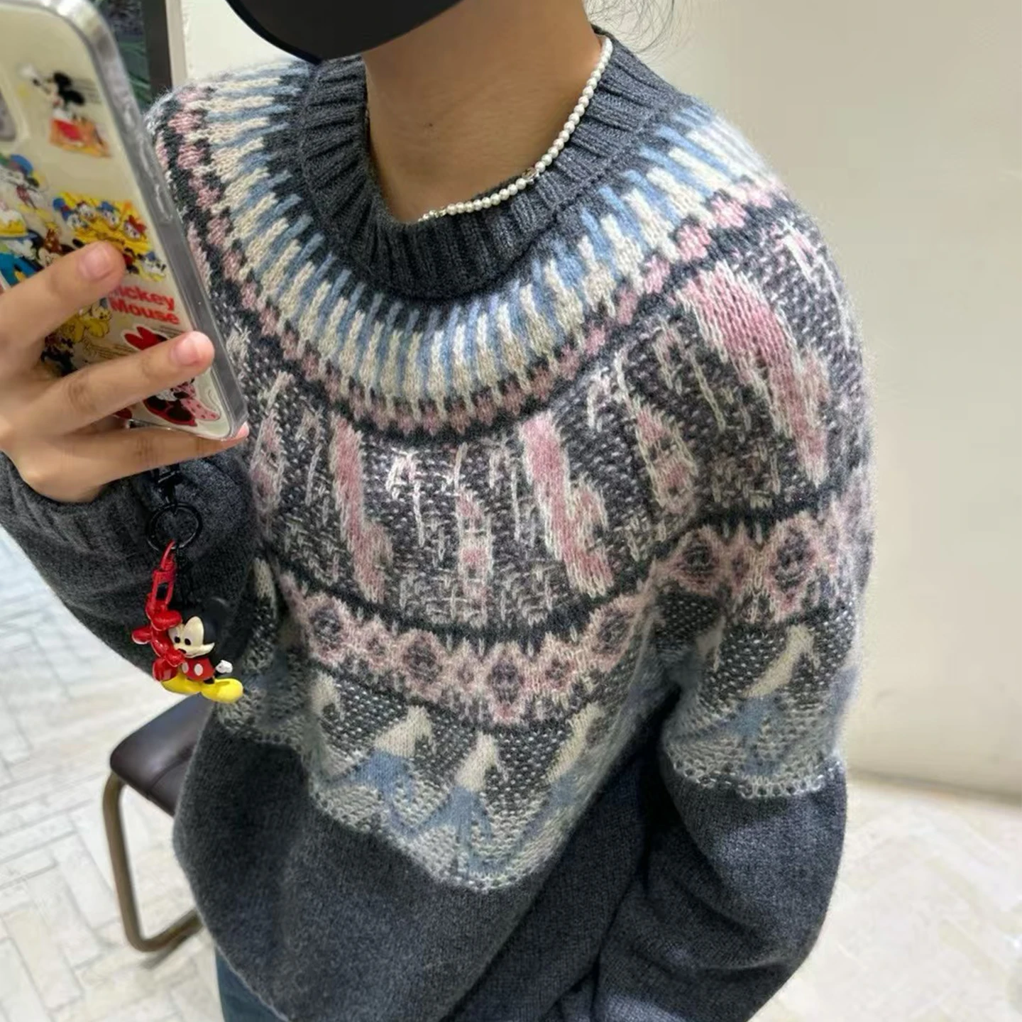 100% Pure cashmere sweater, women's round-neck Fair Island retro heavyweight high-end top, thickened Nordic sweater coat