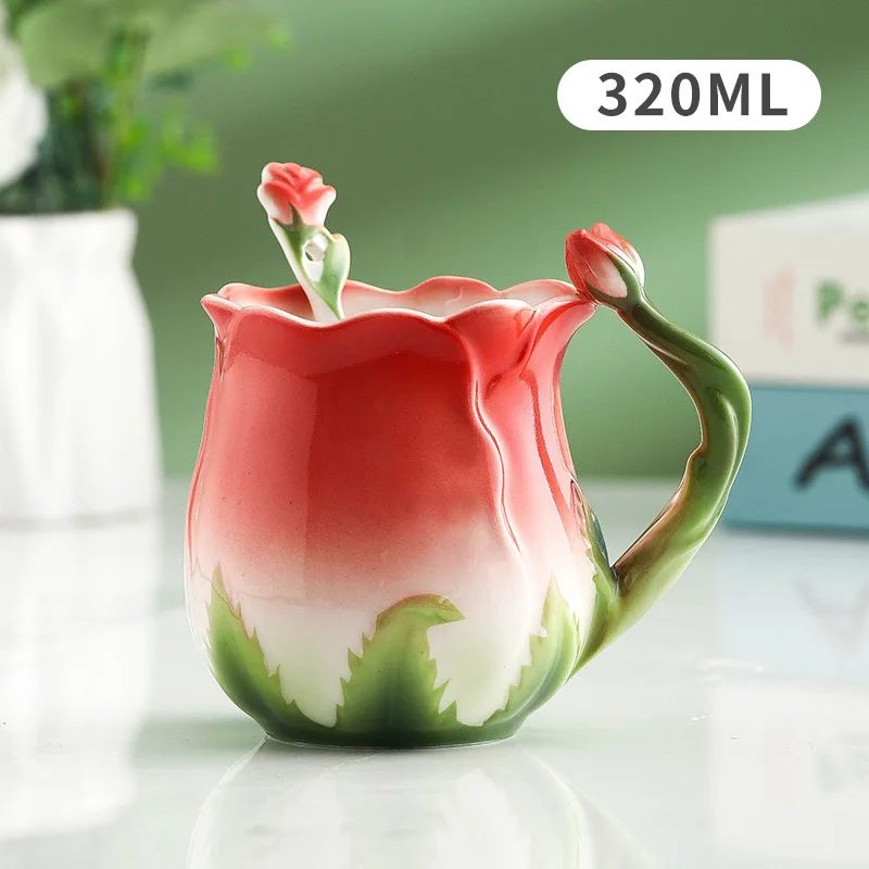 3D Rose Flower Coffee Mug Ceramic Coffee Cups Household Breakfast Milk Cup with Spoon Summer Winter Drinkware Birthday Gifts