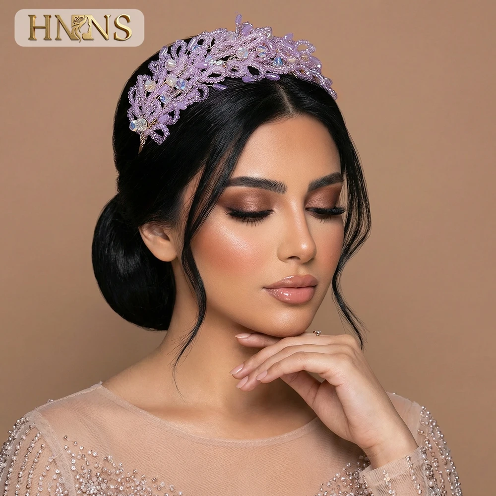 HNNNS Lavender Purple Color Crystal Bridal Head Hoop Handmade Beaded Bride Wedding Headband Princess Party Accessories YXA215