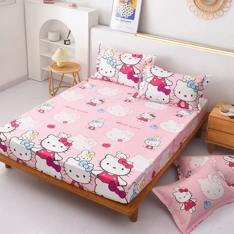 Hello Kitty Bed Sheets Set Sanrio Anime Fitted Sheets Cartoon Mattress Protector Anti Slip Kawaii Decoration Bedding Article