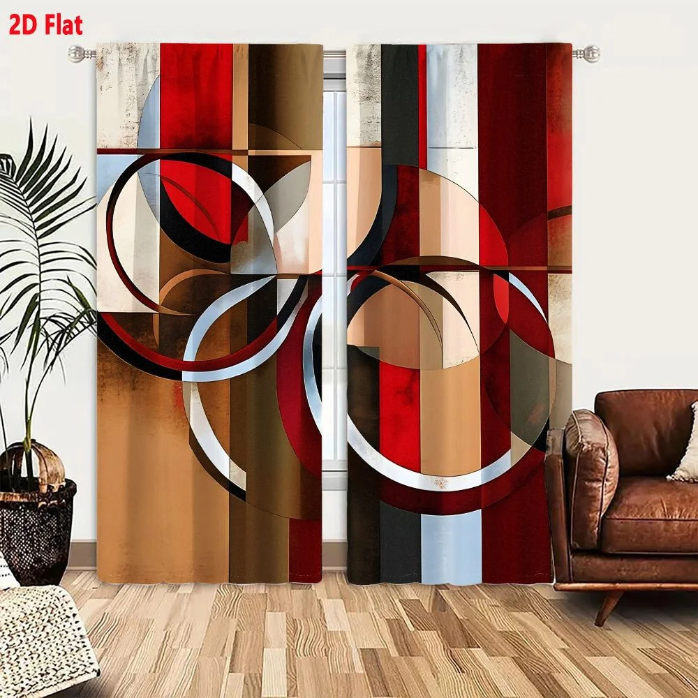 2Pcs Curtains Abstract Geometric Art With Vertical Stripes And Flowing Circles In Deep Red Earthy Brown And Neutral Tones Window