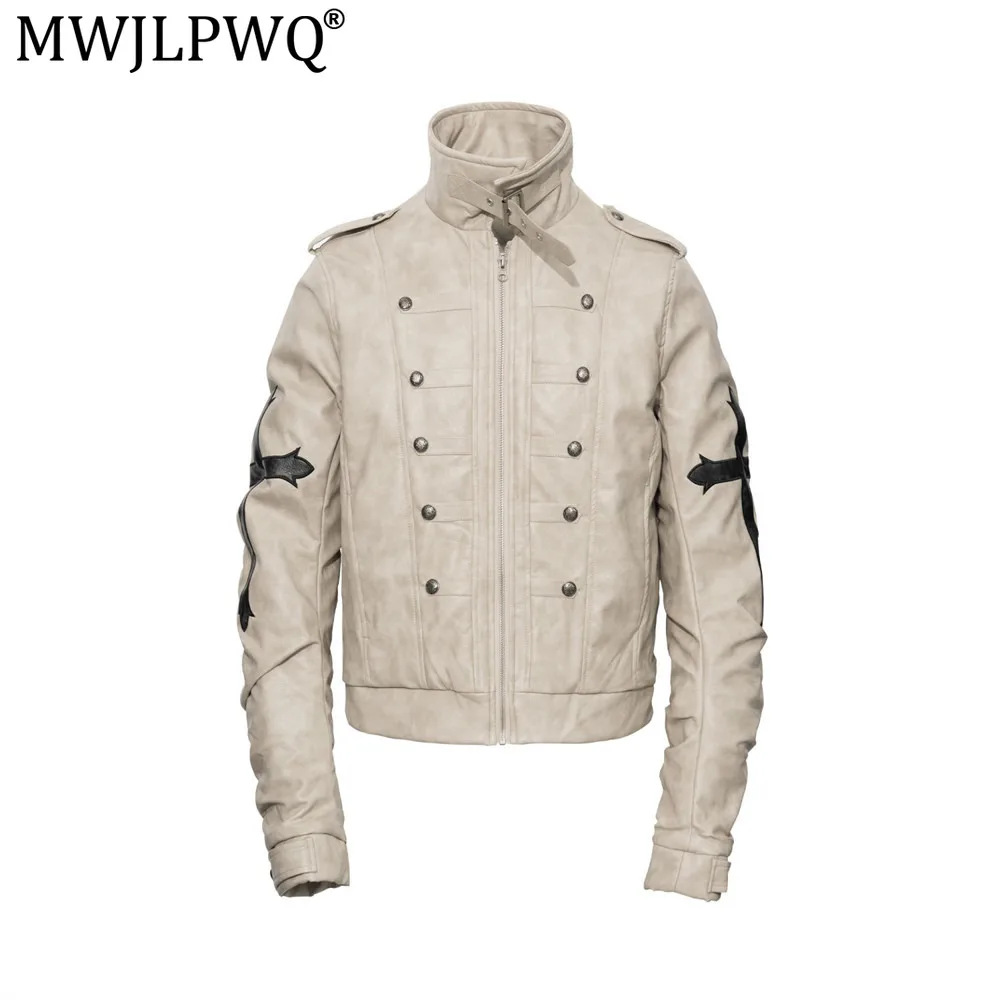 MWJLPWQ Double-Breasted Design Stand Collar Quilted PU Leather Jacket Men's Trendy Winter Coat Embroidery Pleated Tops 17890