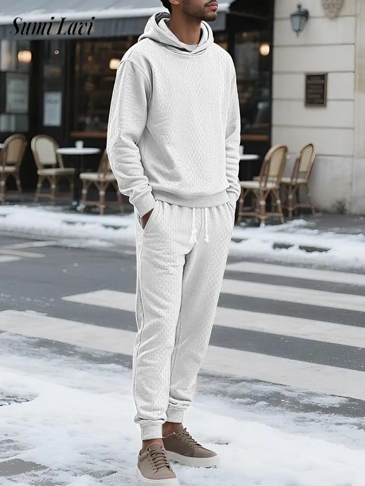 

Стильные мужские костюмы из двух предметов, осень-зима, повседневная повседневная текстурированная толстовка с капюшоном и брюки, мужские модные однотонные спортивные костюмы
