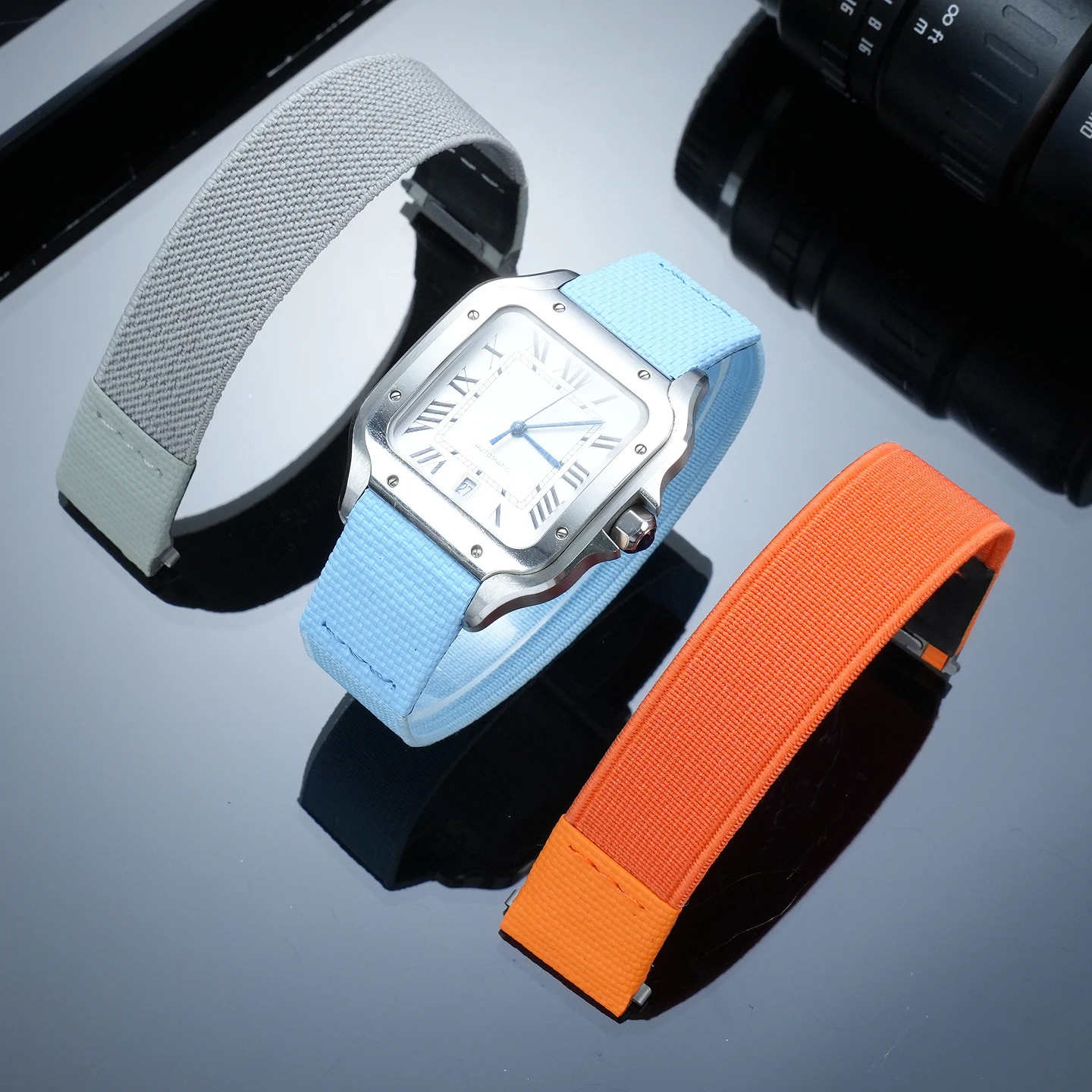 Elastic FKM Fluororubber Band For Cartier Santos WSSA0009 WSSA0010 Quick Release Flat Strap 19mm 21mm Replacement Customizable
