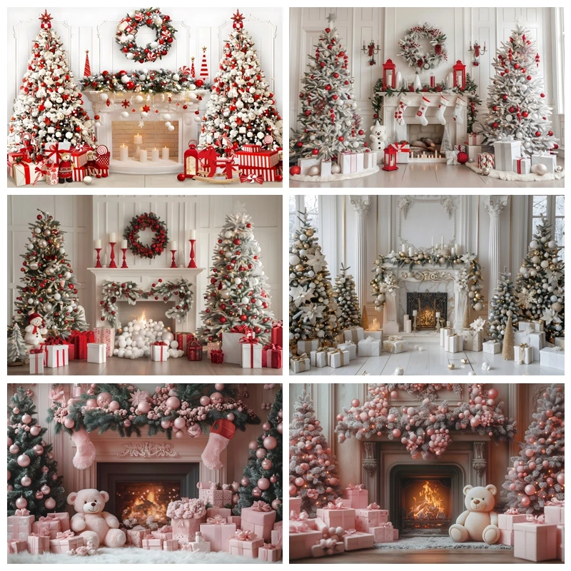 

Pink Christmas Fireplace Photography Backdrops Retro Palace Indoor Decor Xmas Tree Bear Kids Portrait Photo Background Props