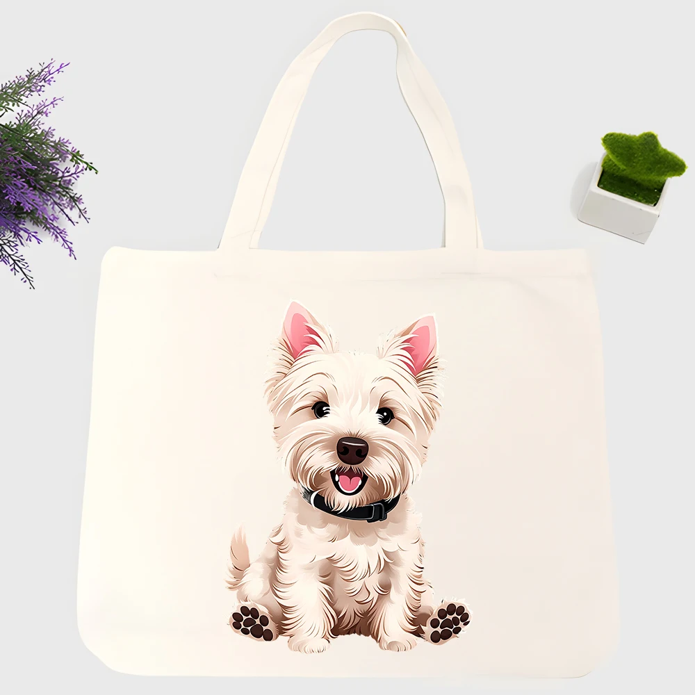 Women's cute dog graphic canvas tote bag, casual style for daily shopping and weekend outings