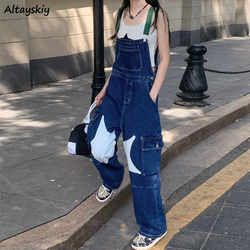 

S-5XL Jumpsuits Women Star Washed Denim Vintage Korean Style Casual Fashion All-match Summer Combinaison Femme Loose Full-length