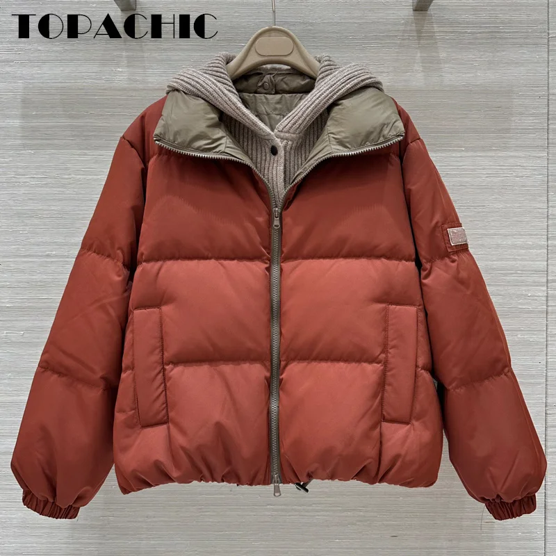 9.1 TOPACHIC-Women Bead Chain Hooded Knit Spliced Fake Two Pieces Long Sleeve Down Jacket Hat Detachable Zipper Thick Down Coat