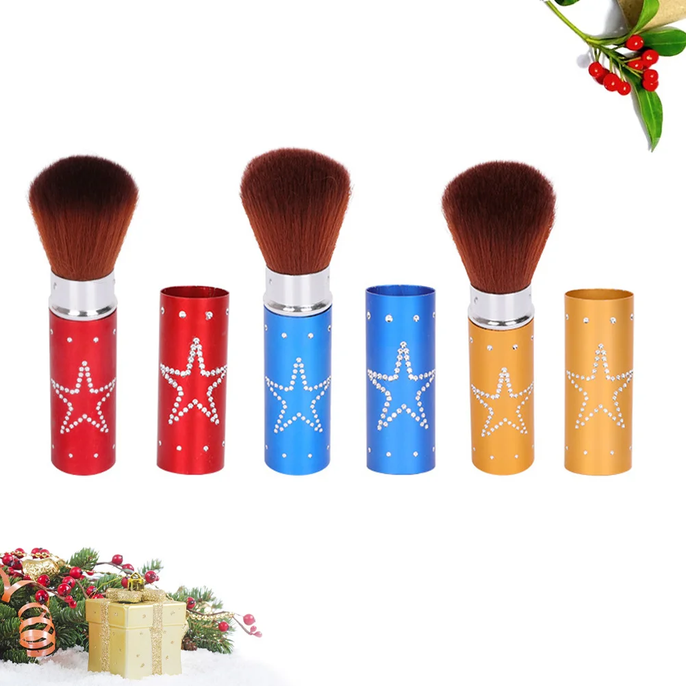 

3pcs Retractable Makeup Brush Portable Loose Powder Blush Foundation Travel Tool For Women Metal Handle Nylon Bristle