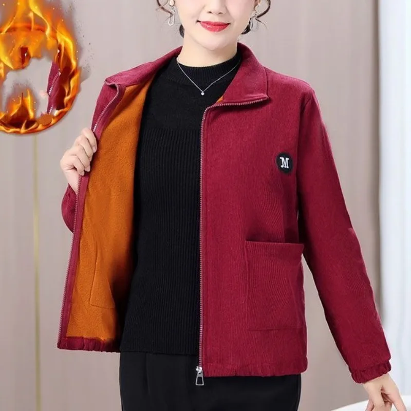 Autumn and Winter Women\'s Turn Down Collar Pockets Zipper Solid Color Loose Fitting Fashion Casual Elegant Long Sleeved Jacket