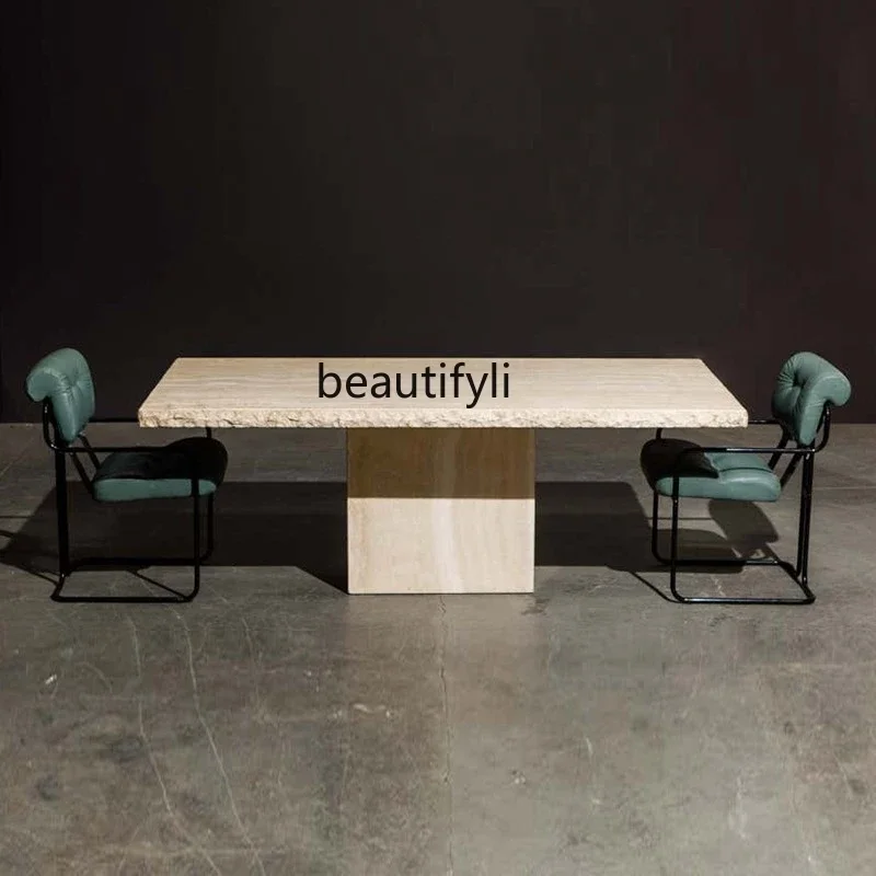 

A55 Natural Roman travertine marble dining table Square dining table Ancient French Nordic dining table