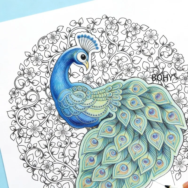 An Adult Decompression Coloring Book, Include Themes Like Flowers, Peacocks, Fairy Tales, and Treehouses, 12 Large-sized Pages