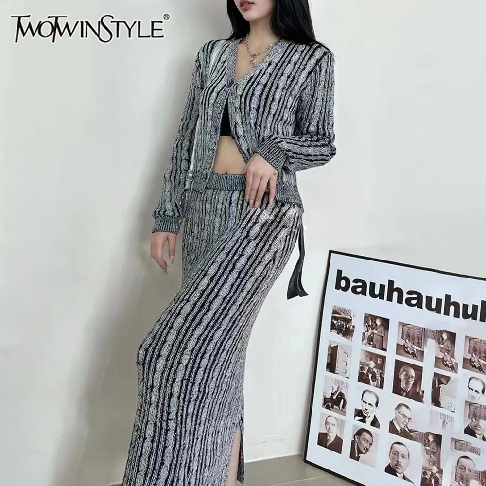 TWOTWINSTYLE Colorblock Vintage Two Piece Sets For Women V Neck Long Sleeve Tops High Waist Split Skirt Elegant Set Female New