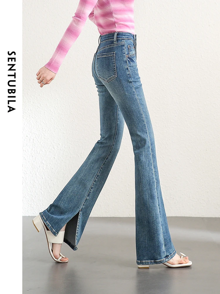 

SENTUBILA Vintage Women Jeans Cotton Washed Denim Flared Pants 2024 Fashion High Waist Split Jeans Trouser Clothing W41N53685