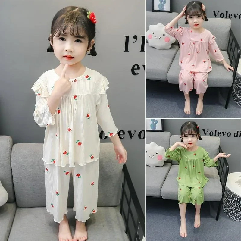 Summer Children's Pajama Sets for 1-9 Years Baby Girls Clothes Suit Cute Floral Ice Silk Kids Clothes Top+Pants Pajamas for Kids