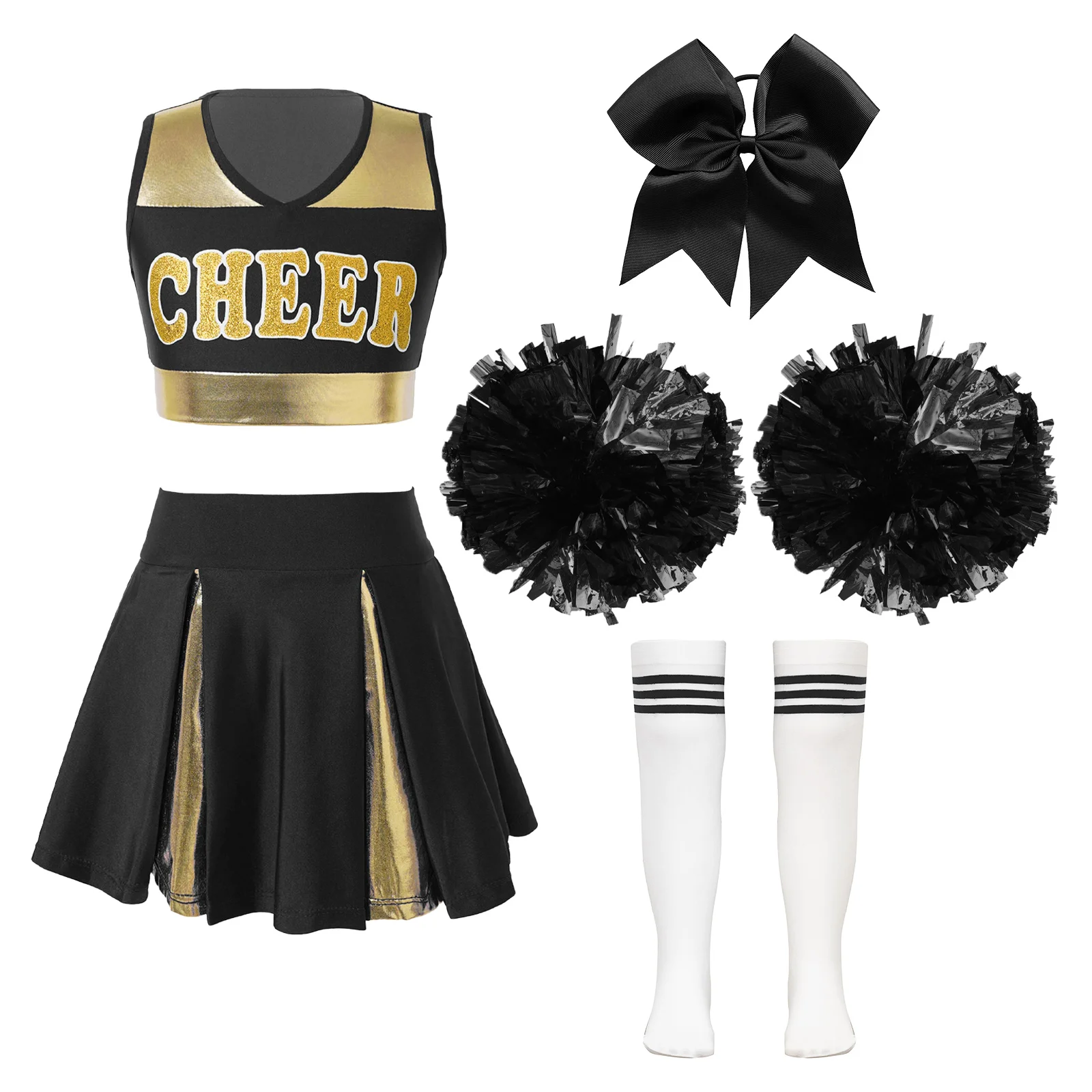 Children Girls Cheerleading Uniform Jazz Dance Sports Meeting Performance Outfit Crop Top with Skirt Hair Tie Flowers Tube Socks