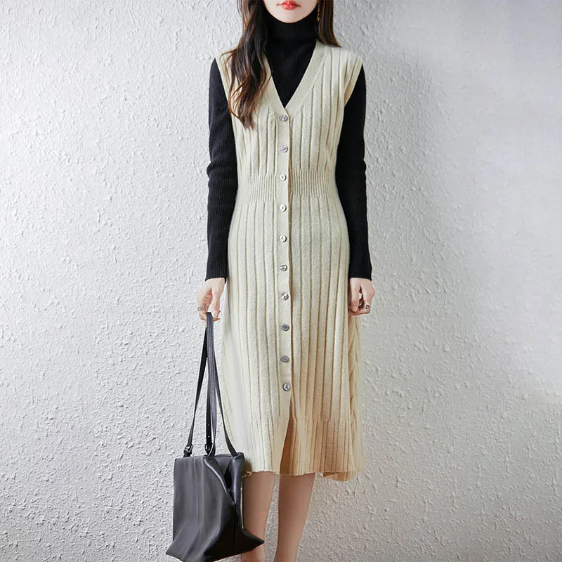 2025 novo vestido feminino meio longo sem mangas colete 100% lã merino cintura botão para baixo malha deslizamento camadas inteligentes