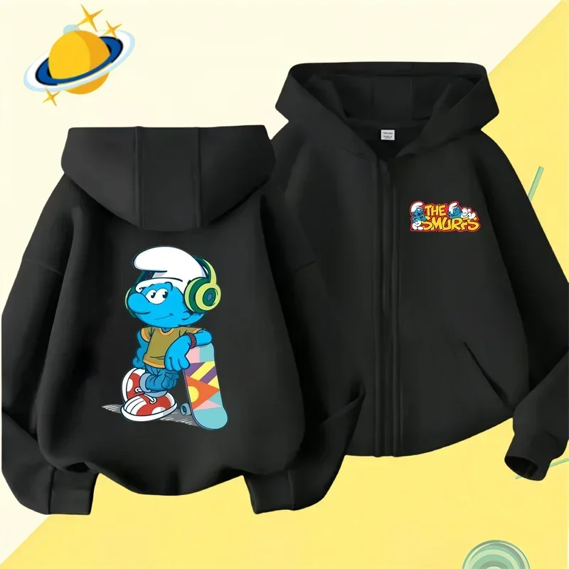 Anime Smurfs new pin zipper hoodie Boys girls sweatshirt autumn and winter long-sleeved Harajuku jumper casual hoodie top