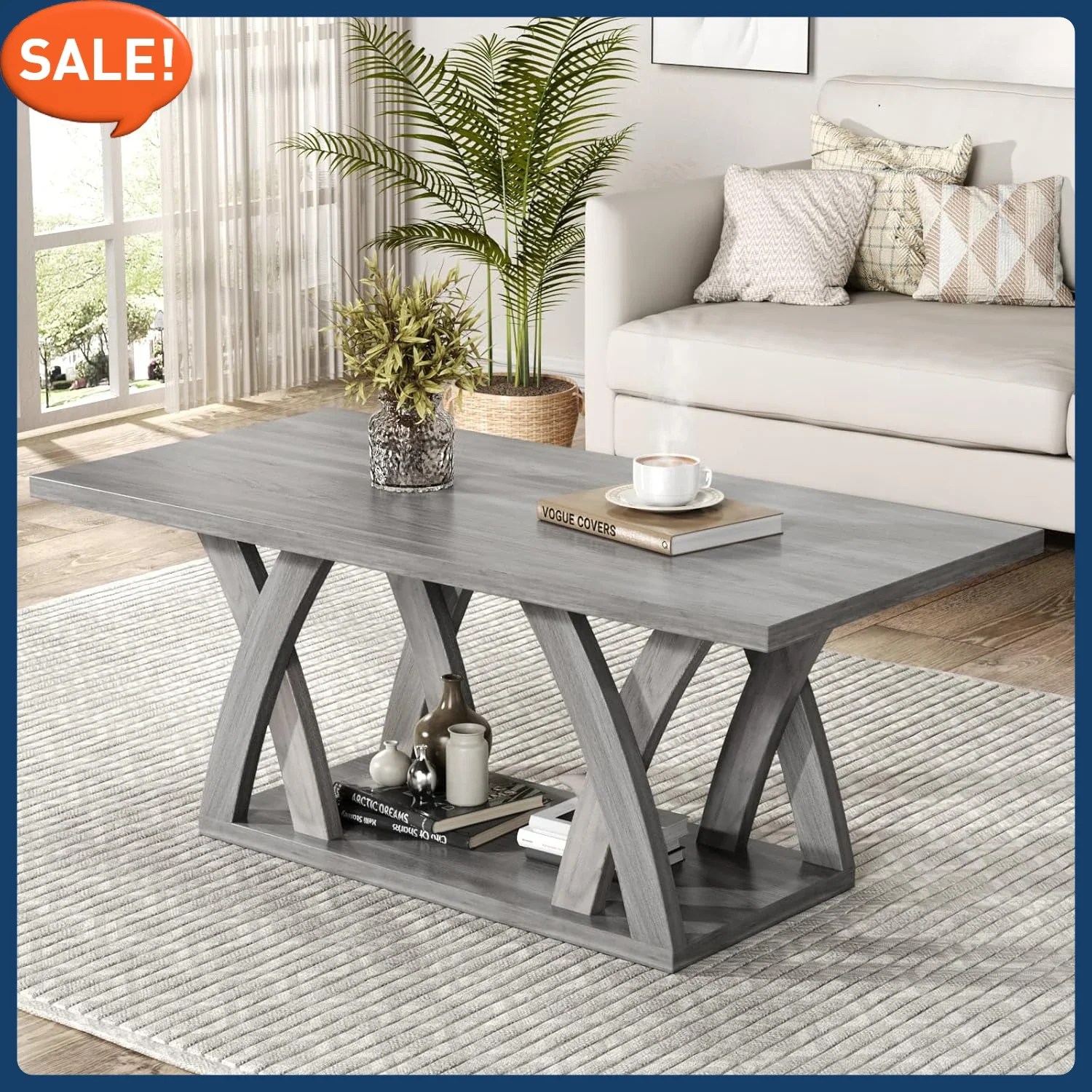 

Coffee Table with Shelf, Wood Coffee Table for Living Room, Open Display Area,47” Grey