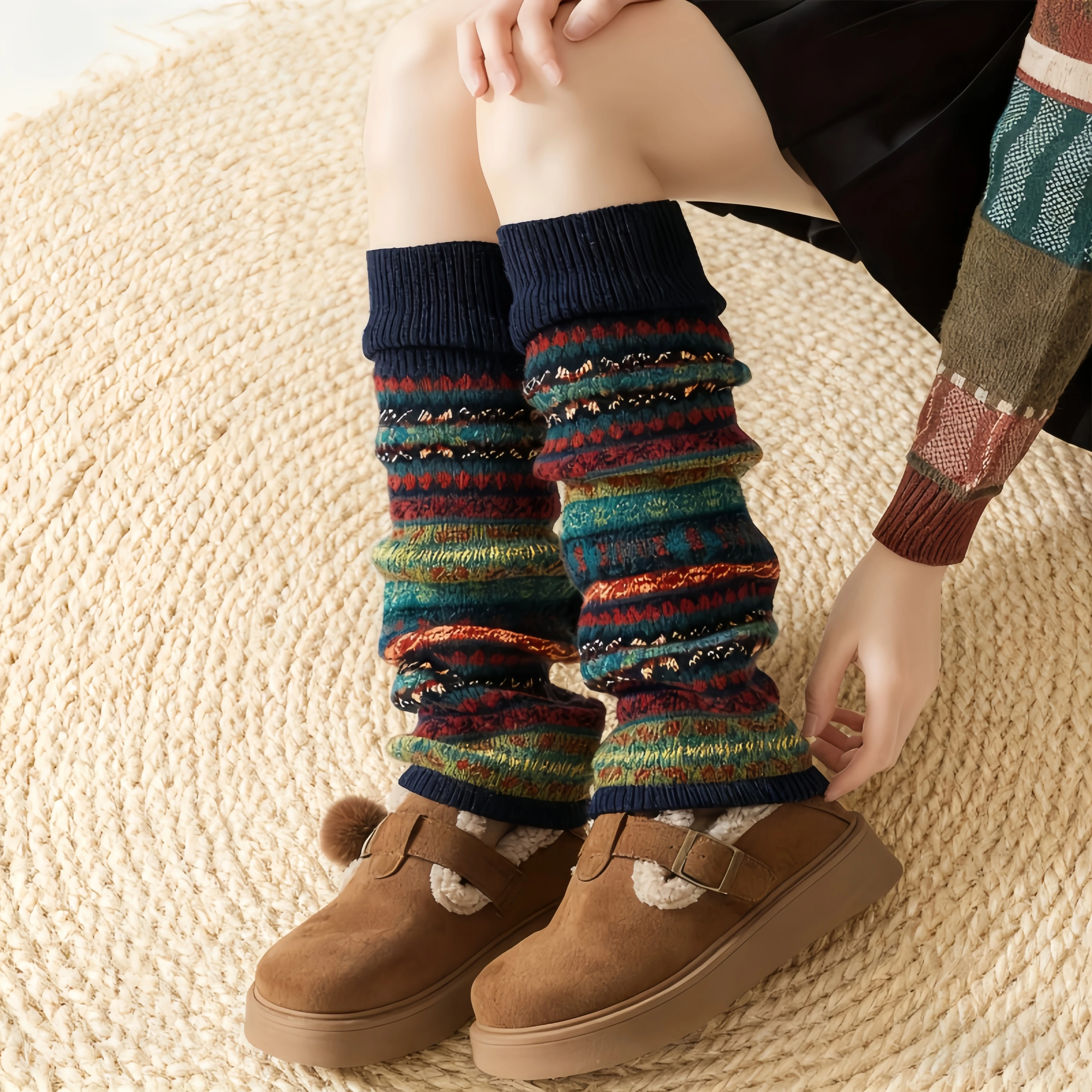 

1/2 Pair Women'S Bohemian Leg Warmers - Cozy Geometric Pattern, Thick Warm Fleece-Lined Cuffs Fall & Winter, Winter Leg Warmers