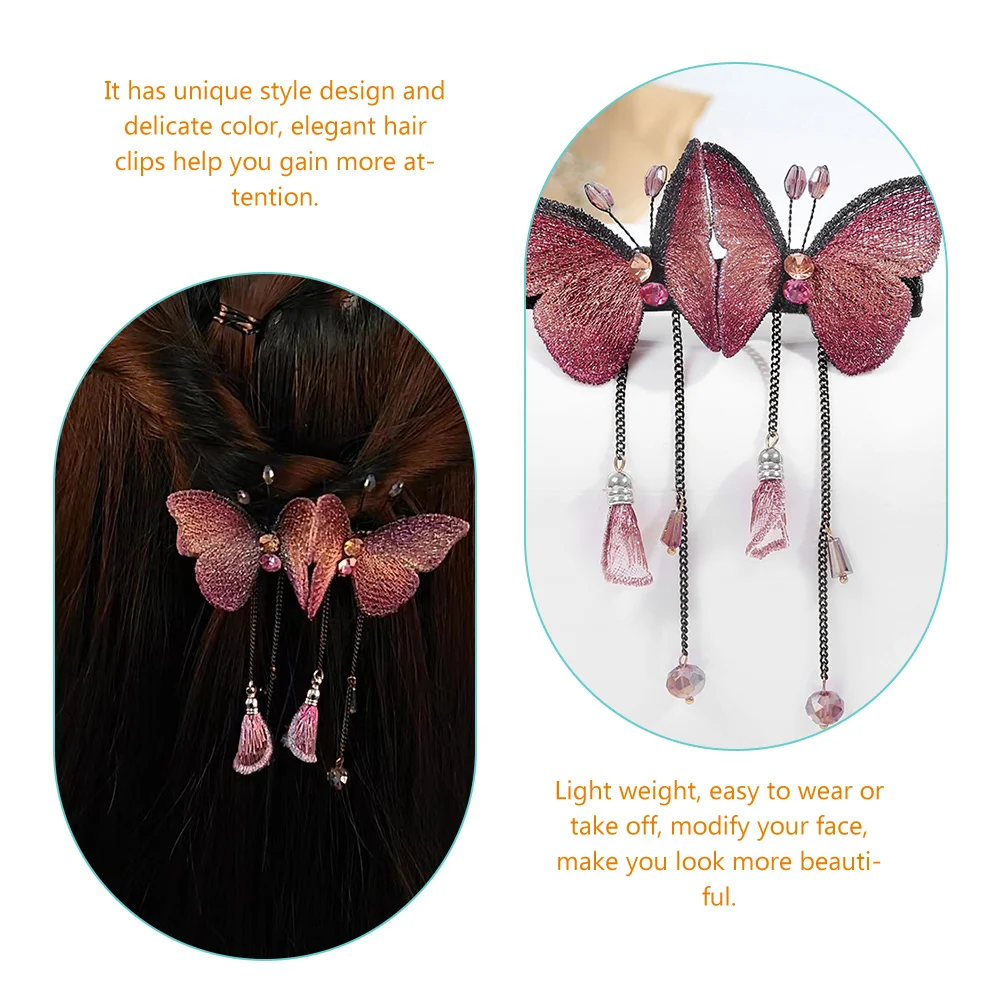 

2 Pcs Bright Color Rhinestones Butterfly Spring Clip Elegant Wedding Decorative Pin Fashion Accessories For Women Tassel Metal