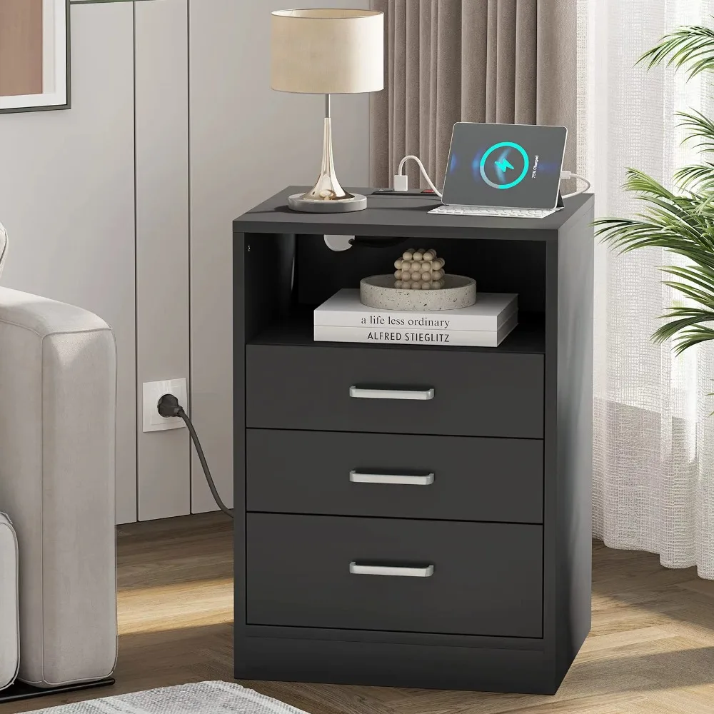 Nightstand with Charging Station, Wood Sofa Side Table with 2 Storage Shelf Drawers, Nightstand