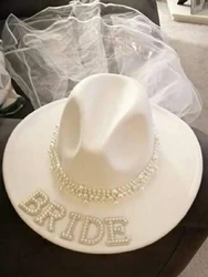 Bride Pearl Cowboy Veil Hat Country western Space Disco wedding Cowgirl Bachelorette hen Party bridal shower decoration Gift