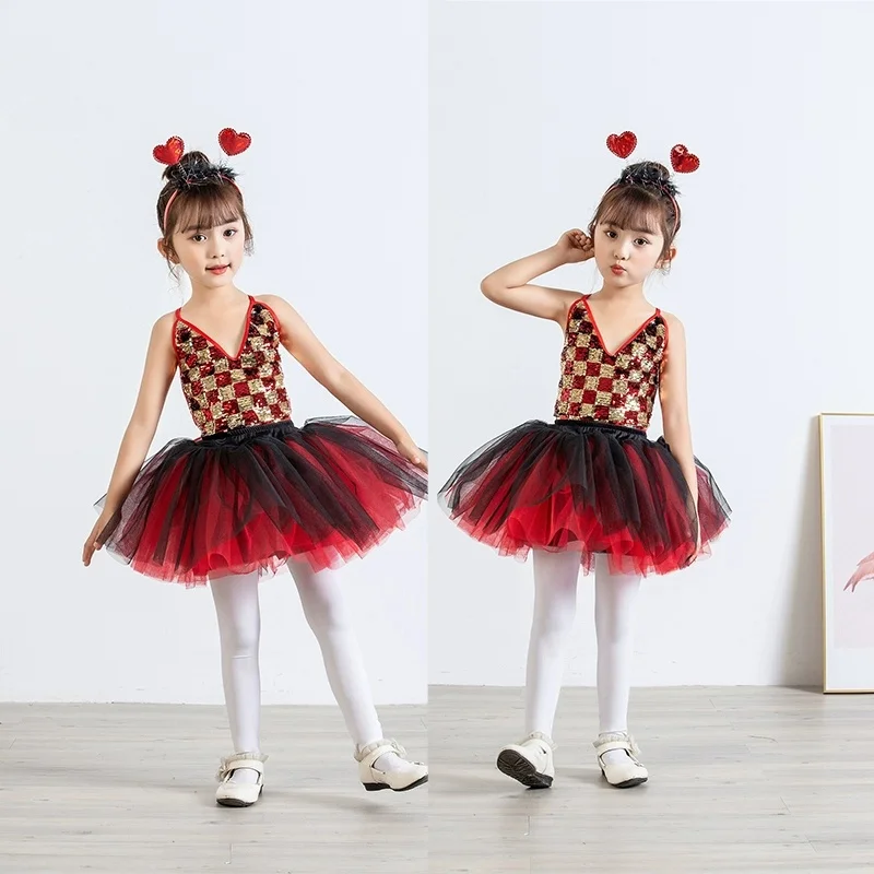 

Red Jazz Dance Costume Girls Contemporary Freestyle Sequin Dance Costume Suit Girls Children Stage Wear Festival Celebration