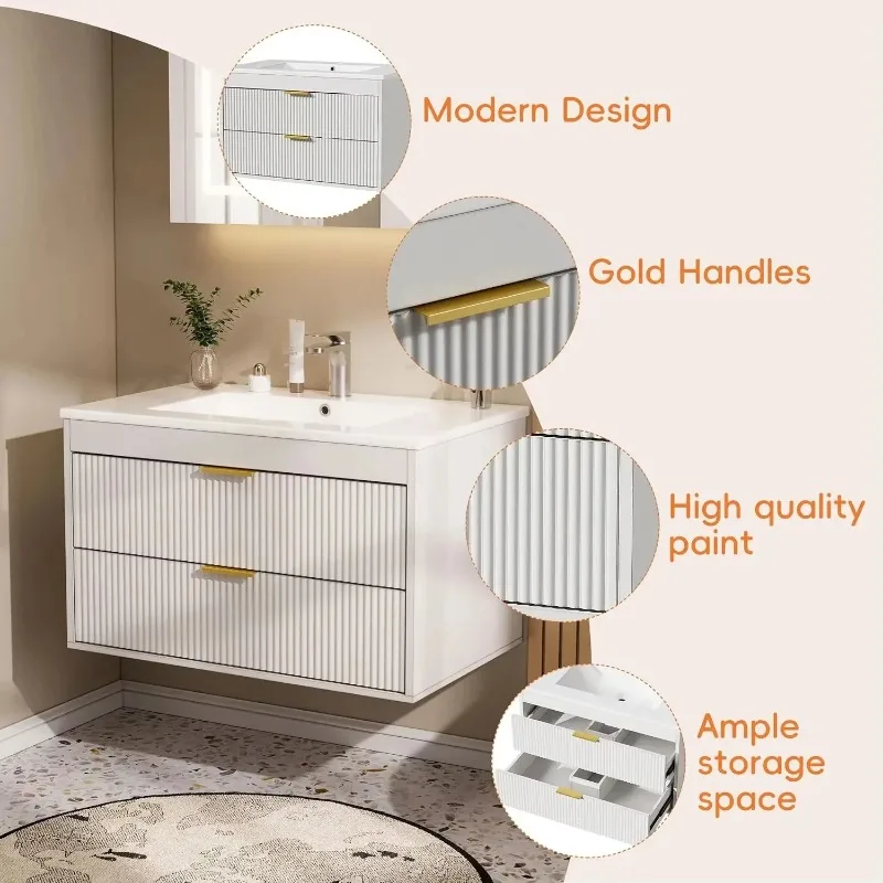 Bathroom Floating 60-210cm Wall Mounted Vanity With Ceramic Sink 2 Drawers Soft-Close Doors - Modern Bathroom Vanities With Sink