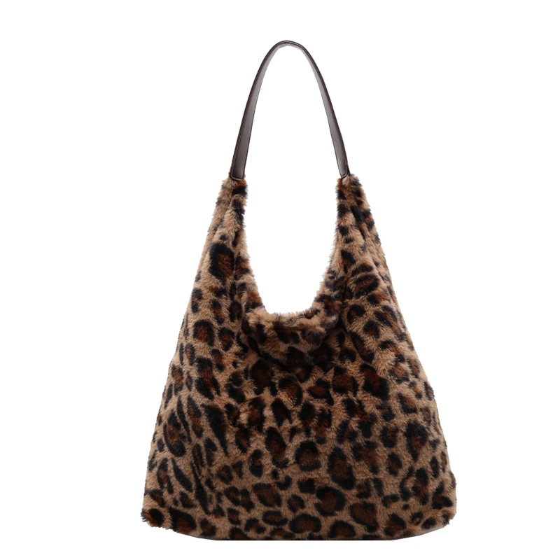 Women Plush Leopard Shoulder Bag Fashion Shoulder Purse Large Capacity Trendy Carrying Bag Slouchy Tote Bag Outdoor Travel Bag