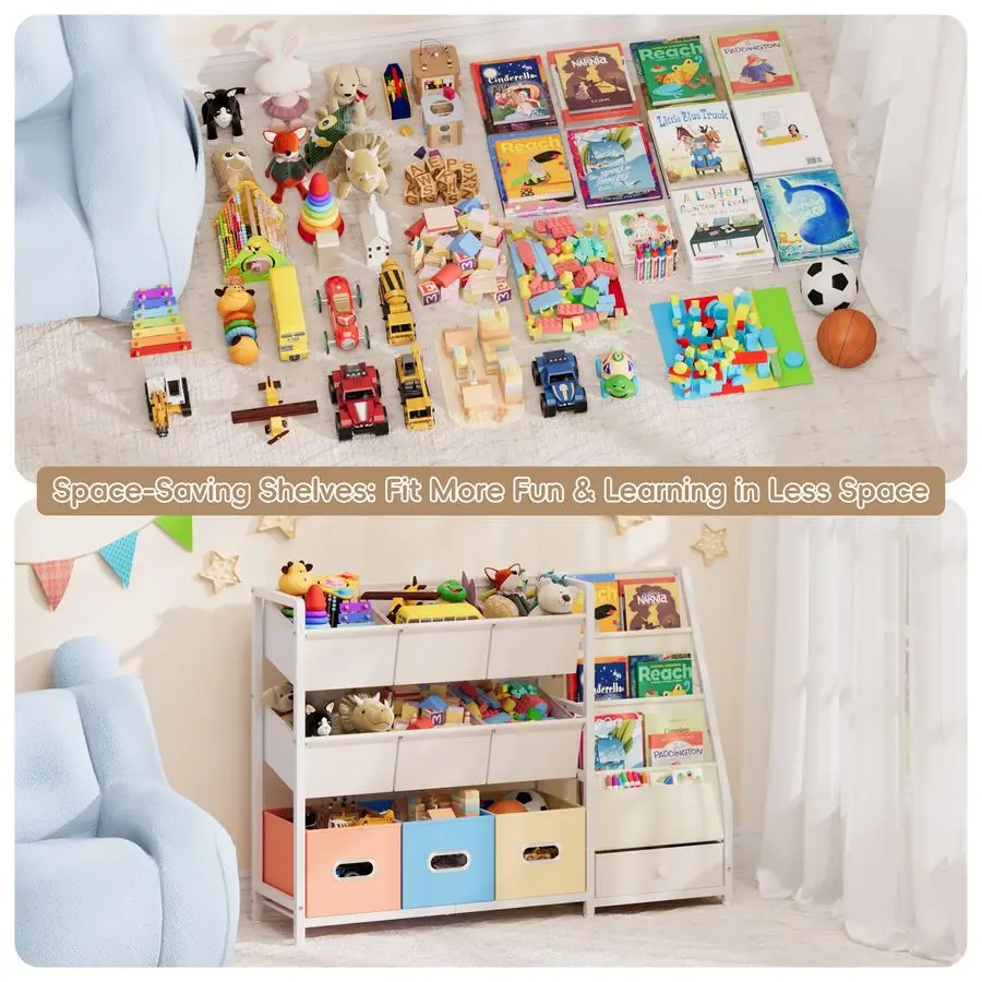 منظم تخزين رف كتب للأطفال وتخزين الألعاب مع 3 رف كتب و10 صناديق تخزين، تخزين غرفة لعب مونتيسوري للأطفال الصغار، #5