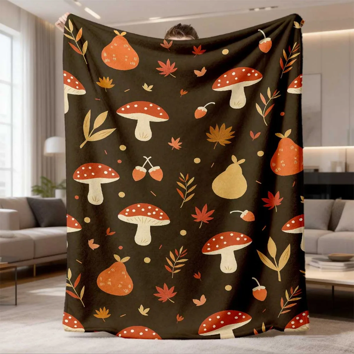 2026 Latest Flannel Blanket 1pc Cozy Autumn Mushroom & Fall Leaves Throw Blanket - Dark Background with Orange Red Beige Gray Black Colors - Soft Flannel Bedspread for Couch, Bed, Home Decor - All-Season Warmth Gift for Nat