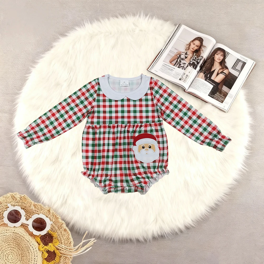 

10.15 Зимние комбинезоны для маленьких девочек с вышивкой Санта-Клауса для маленьких девочек, красные, зеленые комбинезоны в клетку с рюшами и воротником