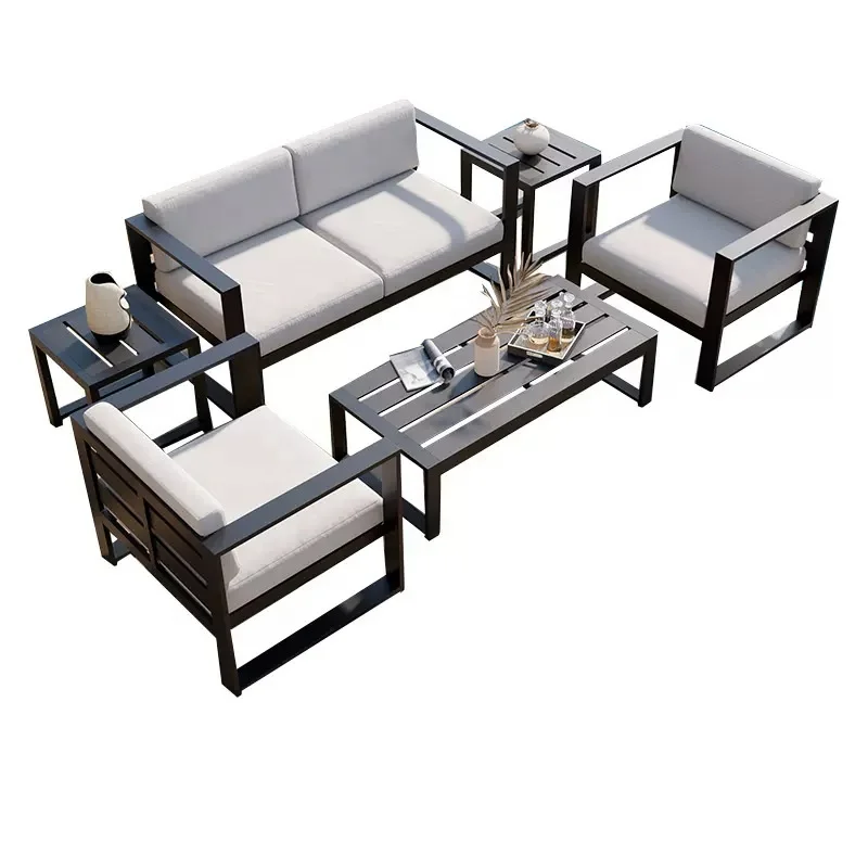 #Modern 4-Piece Outdoor Aluminum Sofa Set Black Frame White Cushions Rectangular Coffee Table Weather Resistant Patio Furniture