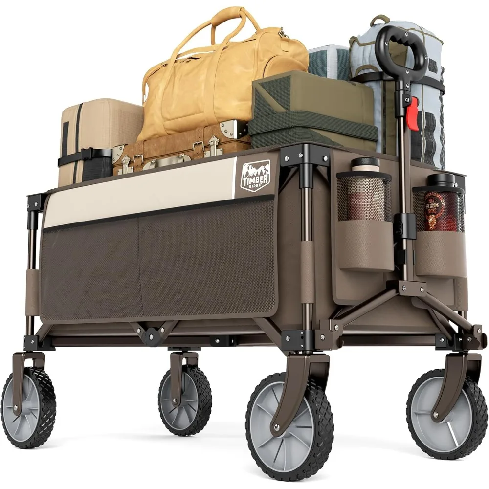 

Collapsible Outdoor Folding Wagon Cart Heavy Duty Camping Patio Shopping Garden Cart with Side Bag Cup Holder, Tan
