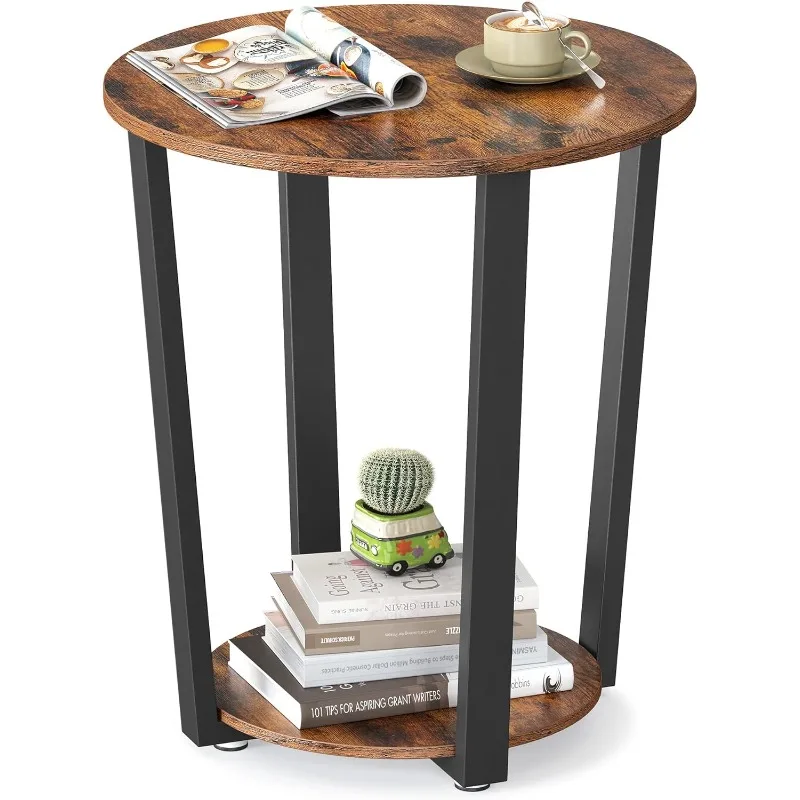 Mesa auxiliar, mesa auxiliar redonda con estante de almacenamiento, fácil montaje, muebles decorativos industriales con estructura de acero, marrón rústico y