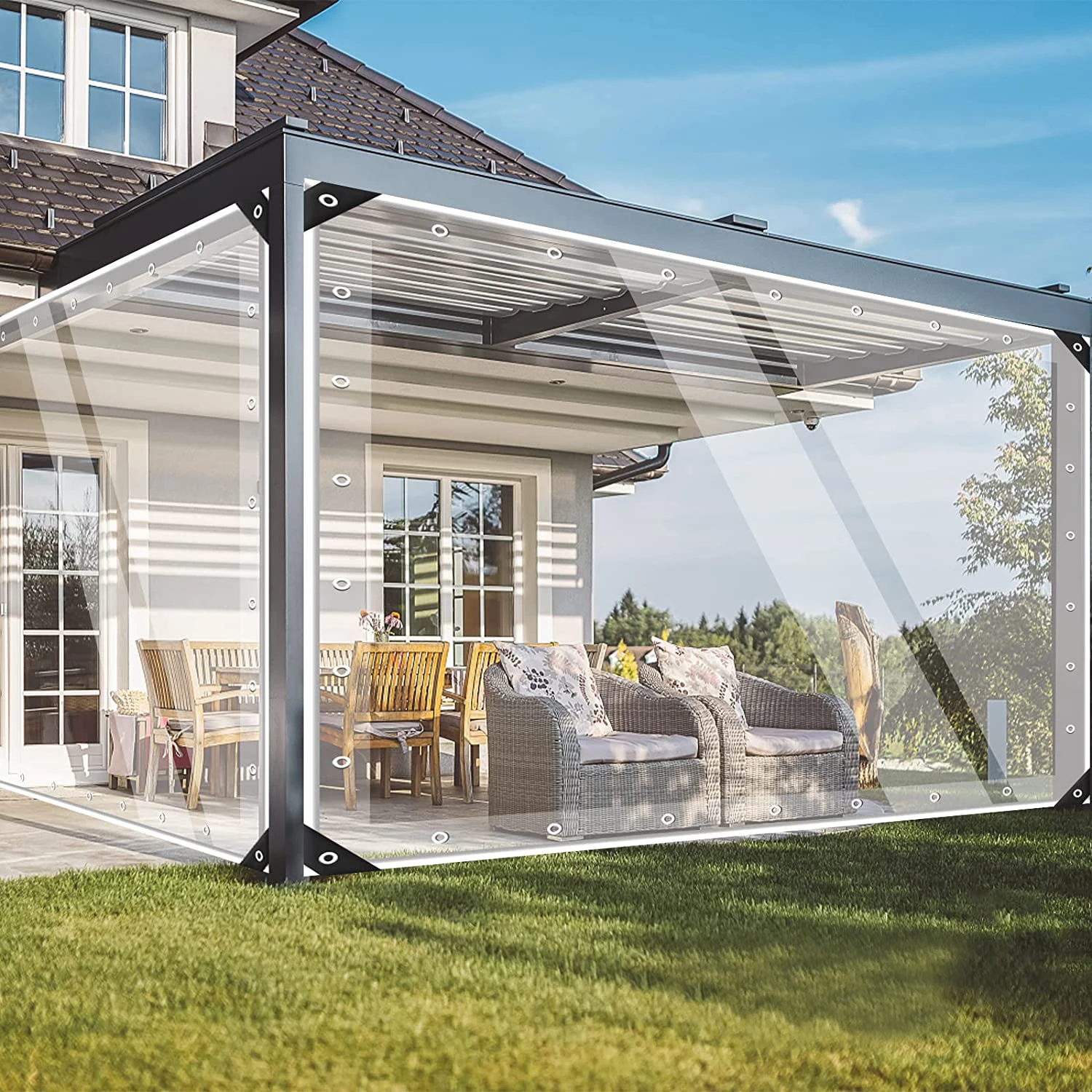 Lona de PVC transparente impermeable con ojales, toldo resistente a la intemperie, plegable, cubierta de lluvia para muebles de jardín, 0,39mm