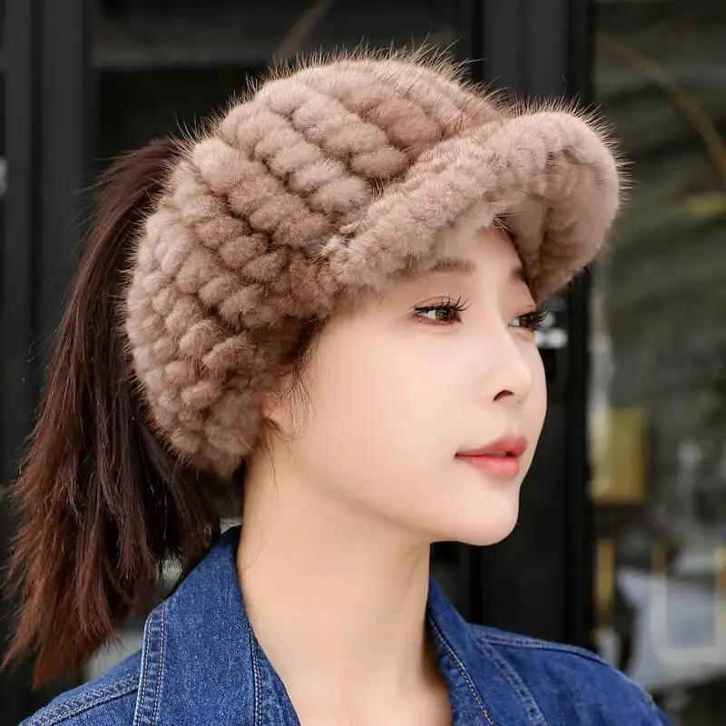 Real Mink Fur Hat Winter Outdoor Warm Ear Protection Fur Cap Cold-Proof Hat Female Thicken Warm Fur Cap Russian Warm Bomber Hat