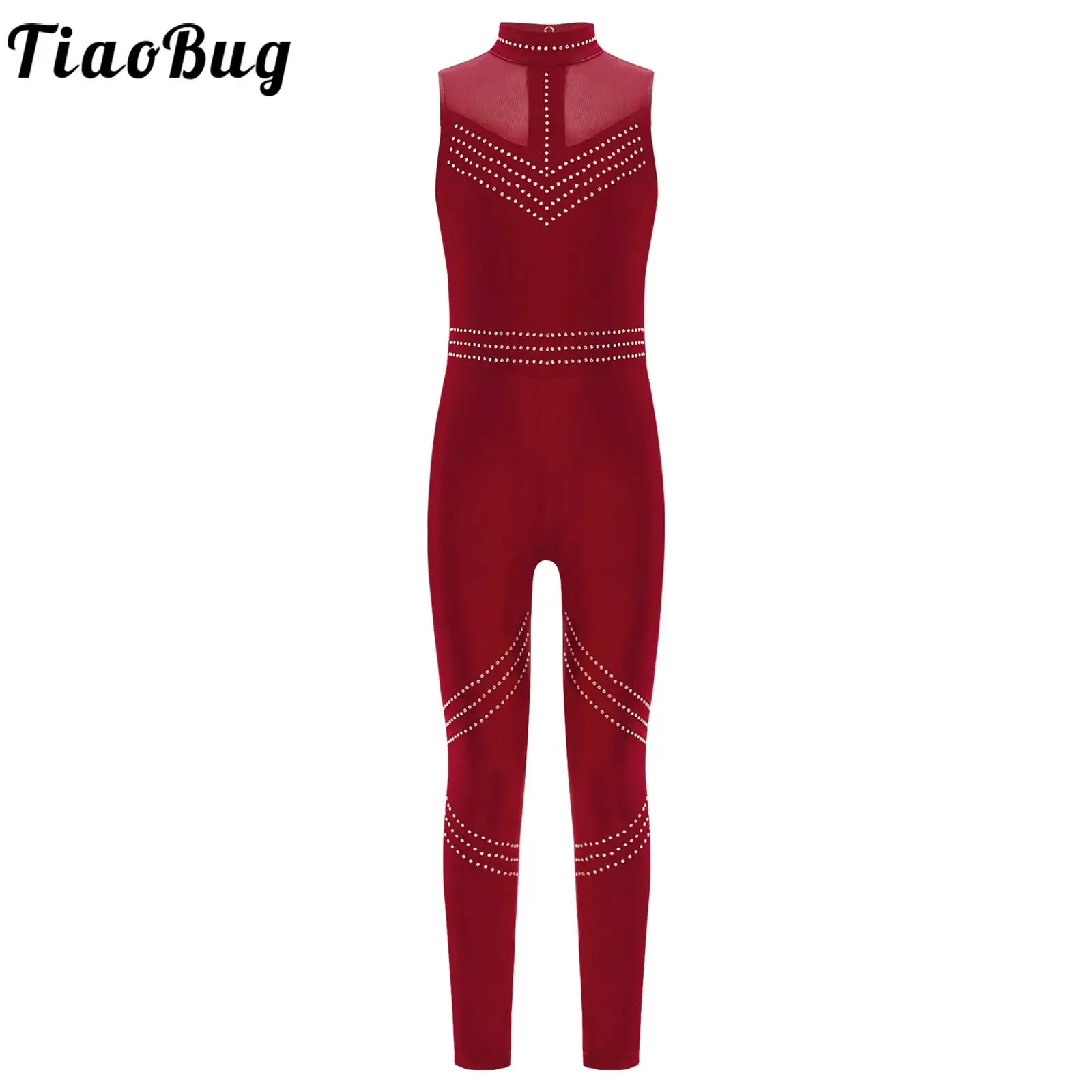 

Kids Girls Figure Skating Bodysuit Acrobatics Rhythmic Gymnastics Performance Costume Shiny Rhinestone Mesh Ballet Dance Leotard