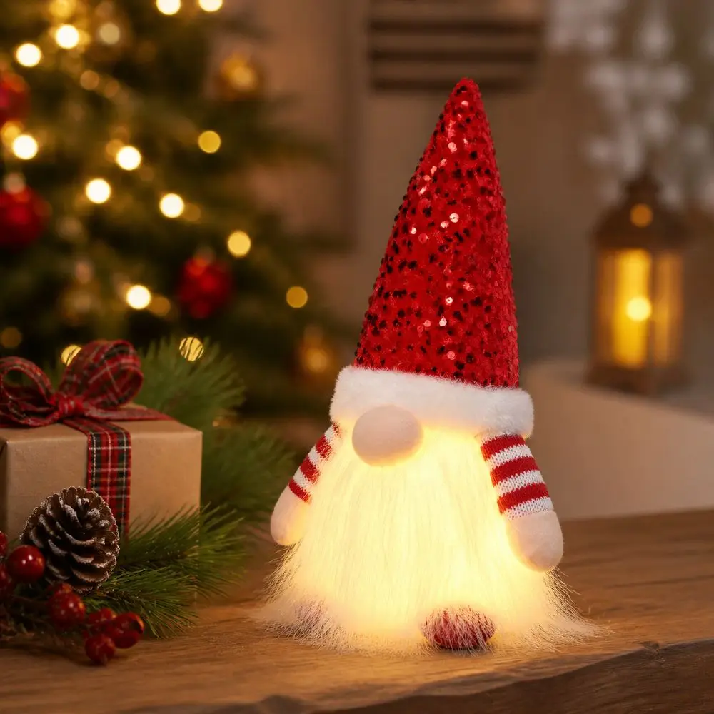 Fabric Christmas Gnome Figurine Sequin Pointed Hat Light Up Lighted Gnome Decoration White Beard Freestanding Tomte Figurine
