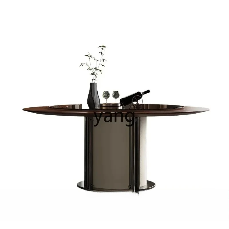 LTT minimalist light luxury walnut solid wood round dining table leather veneer high-end dining table and chairs