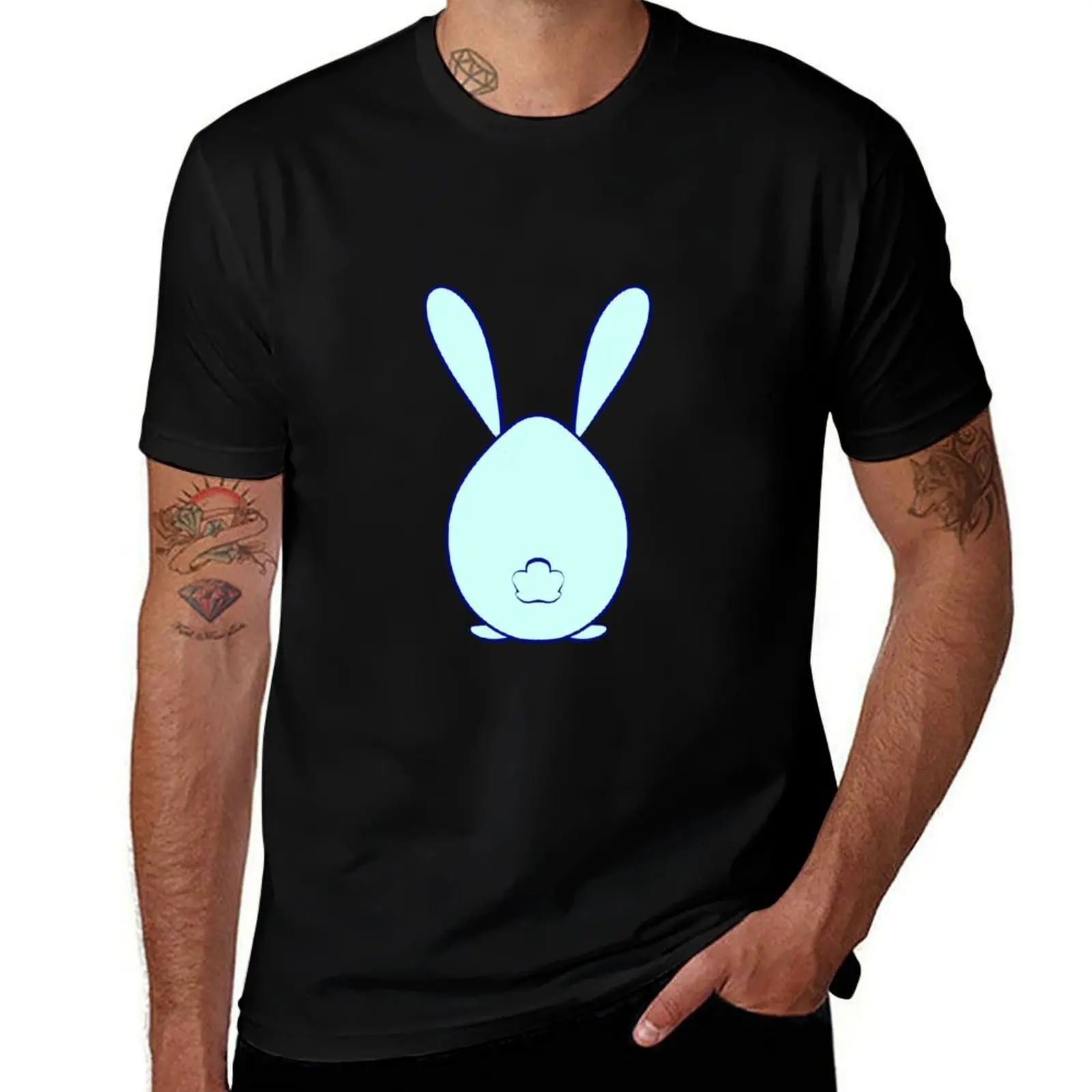 Egg disguised as a rabbit with tail and ears in blue T-Shirt t shirts for man cotton soft T-Shirt