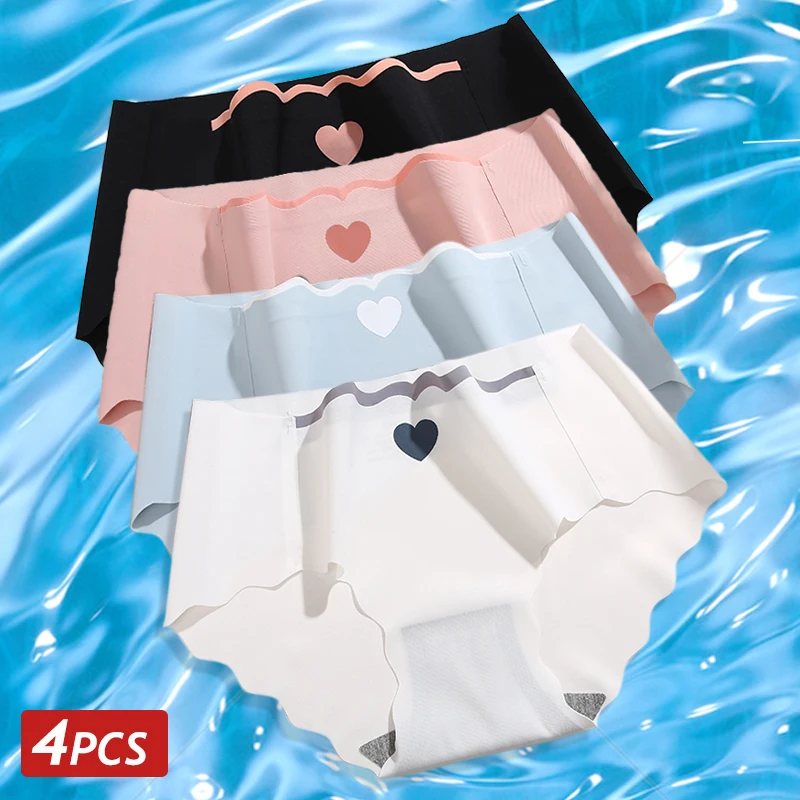 4PCS/Set Women Ice Silk Seamlesss Panties Ultra Thin Breathable Briefs Female Sexy Low Wasit Lingerie Love Heart Cute Underpants